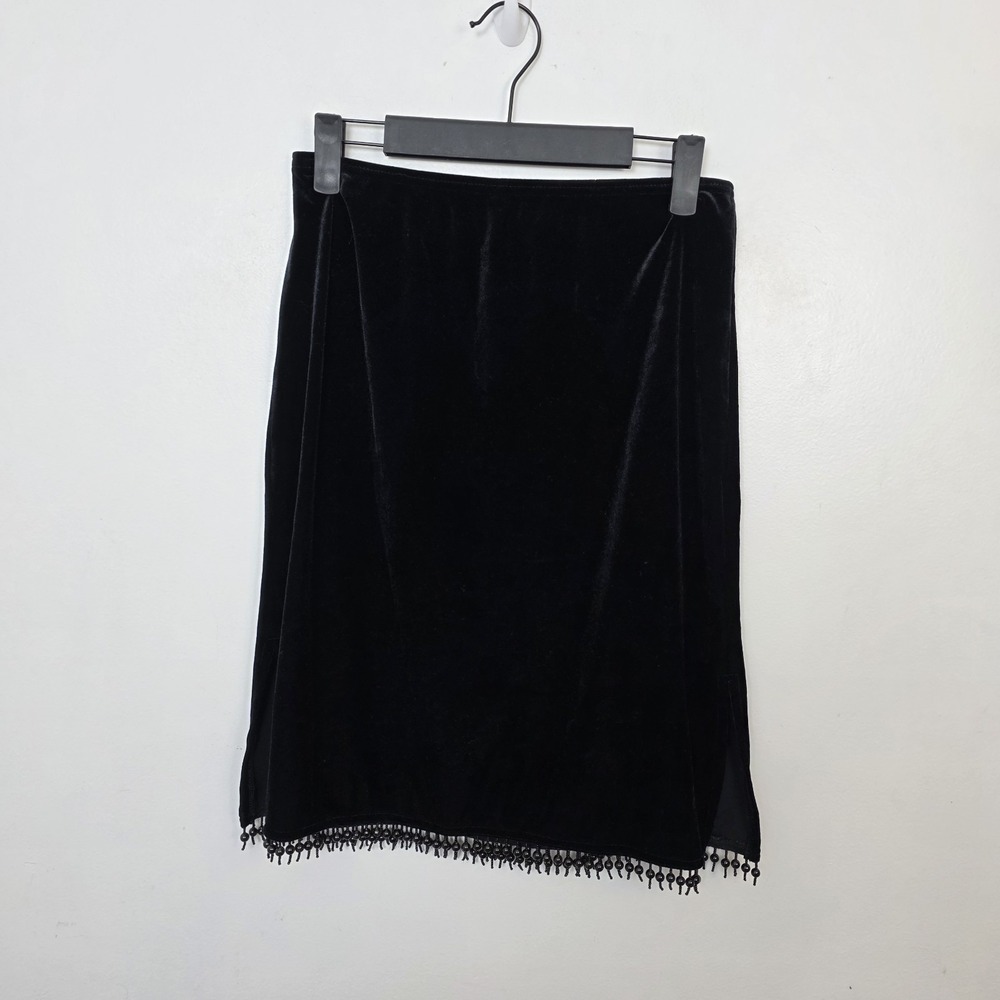 Vintage Black Velvet Beaded Fringe Trim Gothic‎ Glam Knee Length Skirt Size S